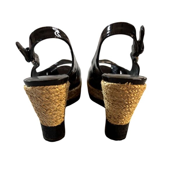 Stuart Weitzman Black Patent Leather Peep Toe Slingback Wedge Sandals Size 8M - Picture 7 of 9